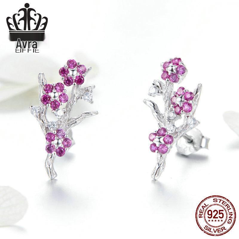 Aifuluo Pink Plum Blossom Zircon Stud Earrings - Pure Silver, White Gold Plated, S925.