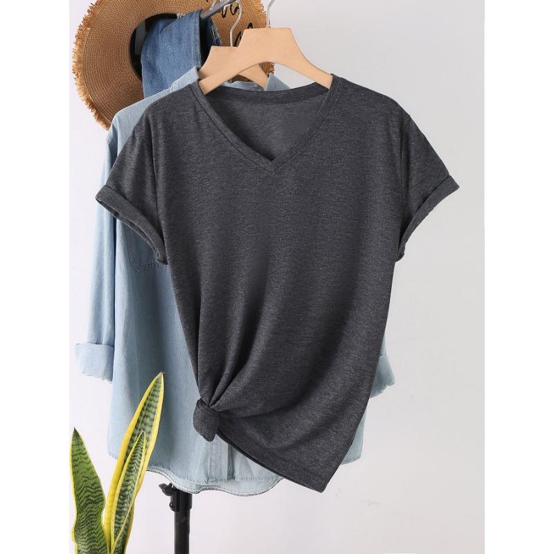Fashionable Simple Versatile Pure-colored V-neck Short-sleeved Women's T-shirts