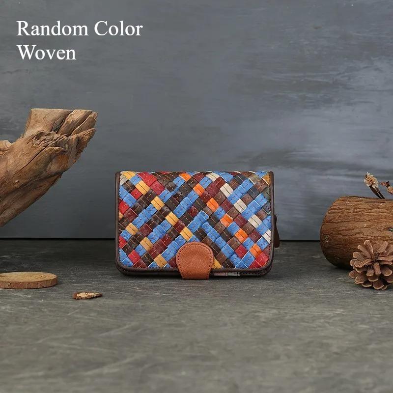 Johnature Prawdziwa Skóra Losowy Kolor Tkany Krótki Portfel Duża Pojemność Wielokartowy Składany Klamra Damski Portfel