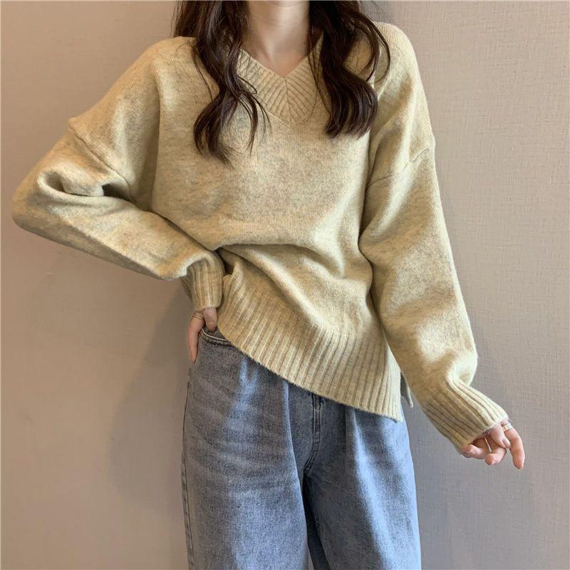 Sweater Women Autumn V-neck Solid Color Pullover Inner Knit Loose Casual Comfortable Top