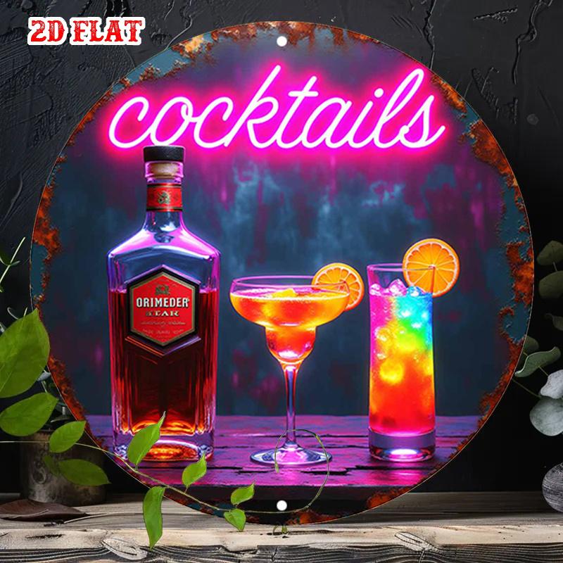 Round Sign Featuring D Flat Cocktails Perfect for Parties This NeonStyle Metal Sign Serves As Rustic Wall Art Ideal