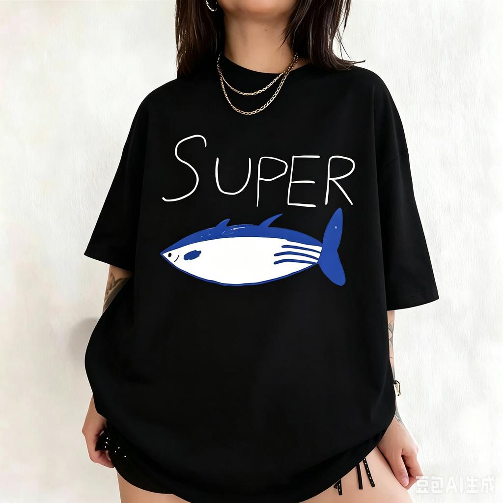 Kpop Korean Jin Super Thunfisch Fisch T-Shirts Mode Vintage Kurzarm T-Shirt Unisex Unisex Kleidung Baumwolle Lässig Übergroßes T-Shirt