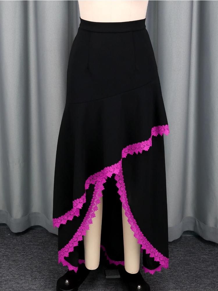 Elegant Women Color Block Asymmetrical Lace Edge Long Skirt High Waist Side Split A Line Fashion Evening Christmas Party Cocktail Outfit