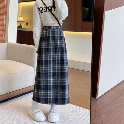 Μάλλινη Φούστα Γοφών Φθινόπωρο και Χειμώνας Ρετρό Νέα Μίντι Φούστα για Γυναίκες Ευέλικτη Ψηλόμεση Στενή Α-γραμμή Καρό Φούστα
