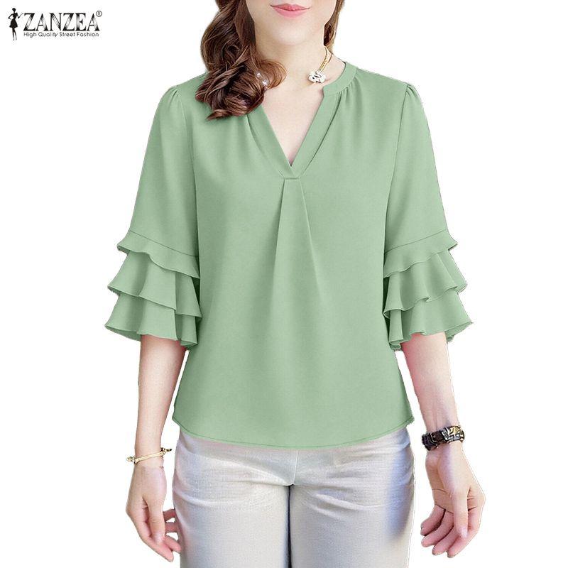 ZANZEA Women Casual V-Neck Ruffles Half Sleeve Loose Blouse