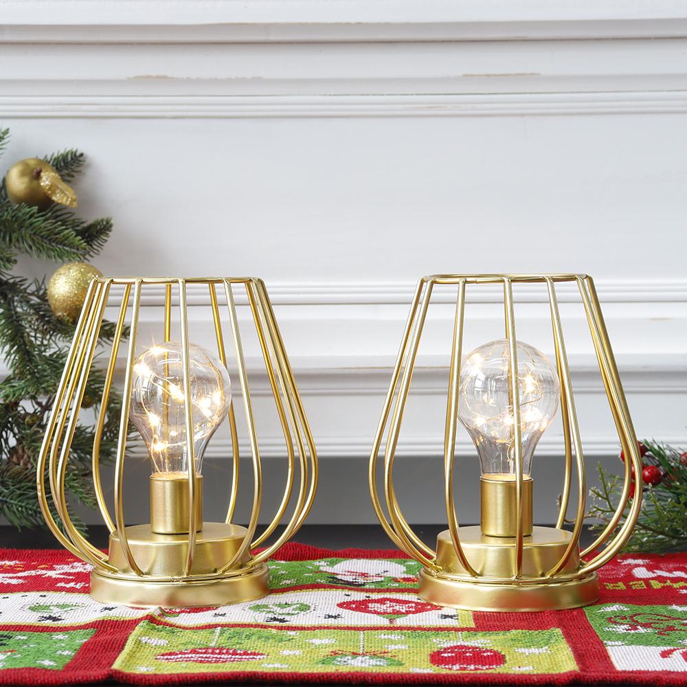 Set of Two Gold Metal Cage Lamp Round Table Lamp for Holiday Decor (2pcs)