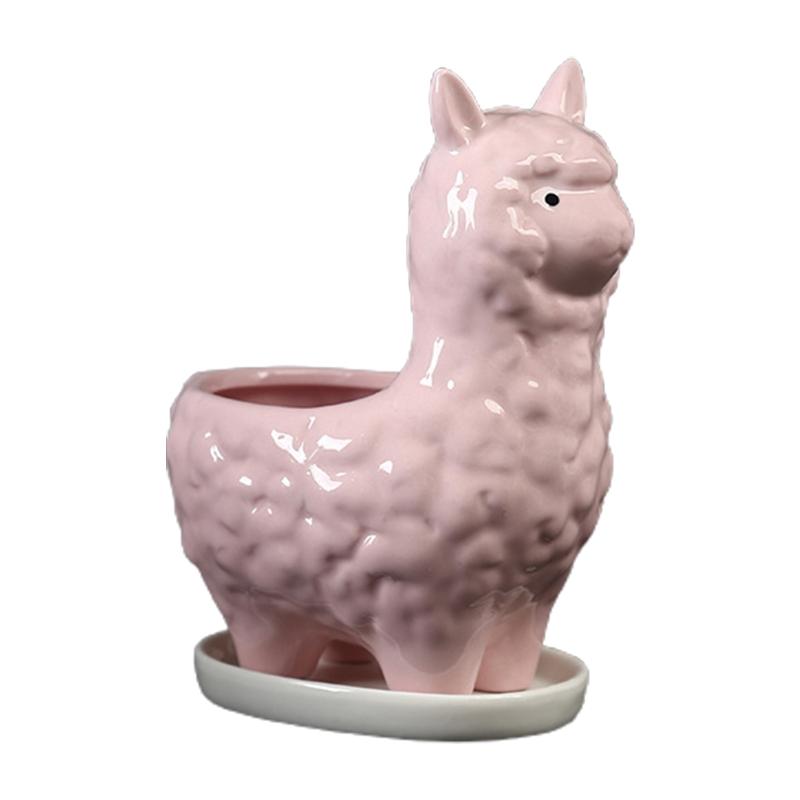Ceramic Cartoon Animal Succulent Planter Pots Cute Alpaca Llama Goat Unglazed Flower Plant Indoor Drainage Home Decor 1 розовый