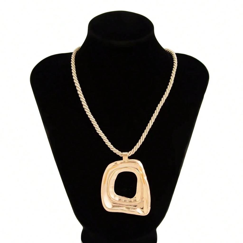 Matte Gold Color Asymmetrical Hollow Square Pendant Thick Rope Necklace for Gift Giving Women's Daily Party and Banquet Wear