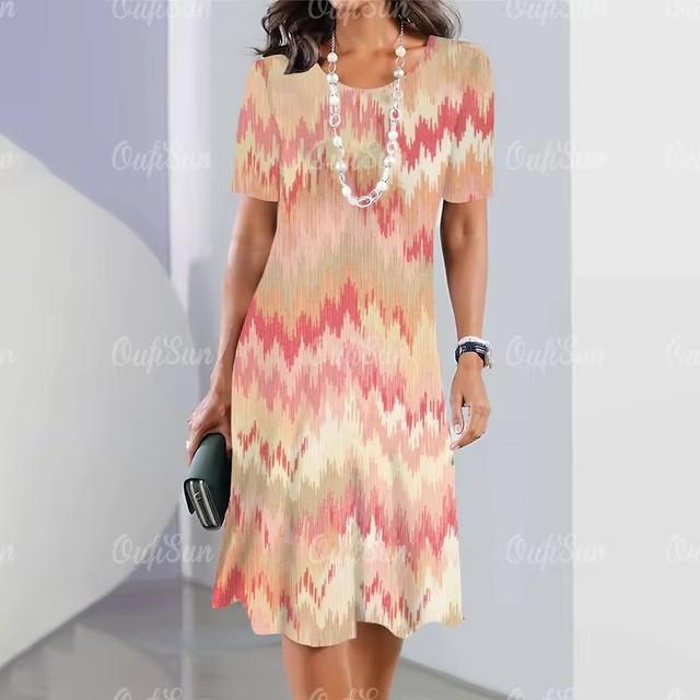 3D Geometric Stripe Print Elegant Women's Short-sleeved Summer Dress