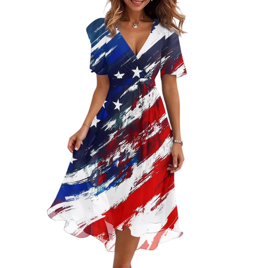 Women's Casual V-Neck Short-Sleeve Independence Day Print Dress