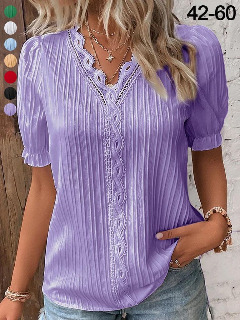 Women's Hollow Out Short Sleeve Blouse Lightweight Breathable Top Casual Summer Shirt with V Neck and Puff Sleeves Suitable for Daily Wear