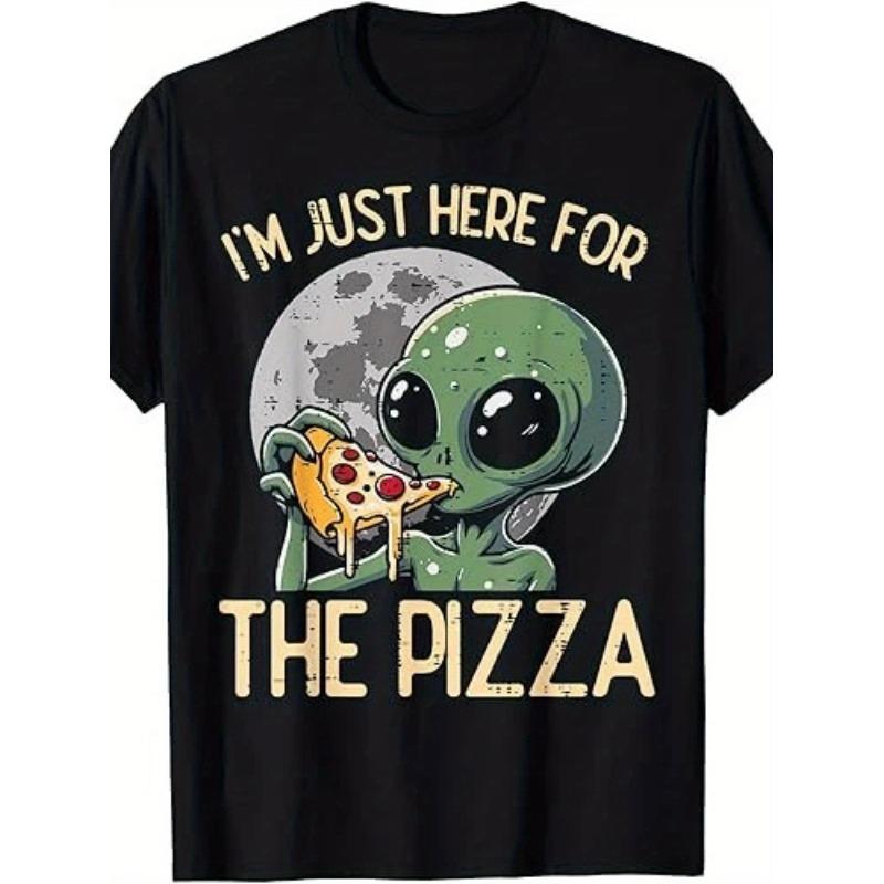 

European sizes Men S Alien Just Here for Pizza Funny Graphic T-Shirt - Retro 80s Pop Culture Design with Green Alien & Pizza Slice 4XL чорний