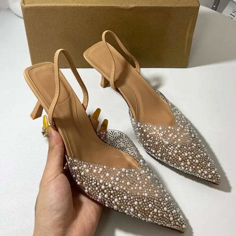 Sandali Estivi Donna Tacco Alto Soleist Punta Aperta Trasparente Sandalo Slingback Elegante Moda Donna Decorazione Perle