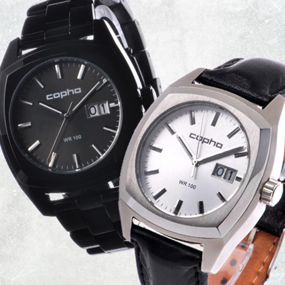 Copha XL Classic Men's Square Watch Date Water-Resistant Analog Quartz Black Dial Black Leather Band Genuine Import