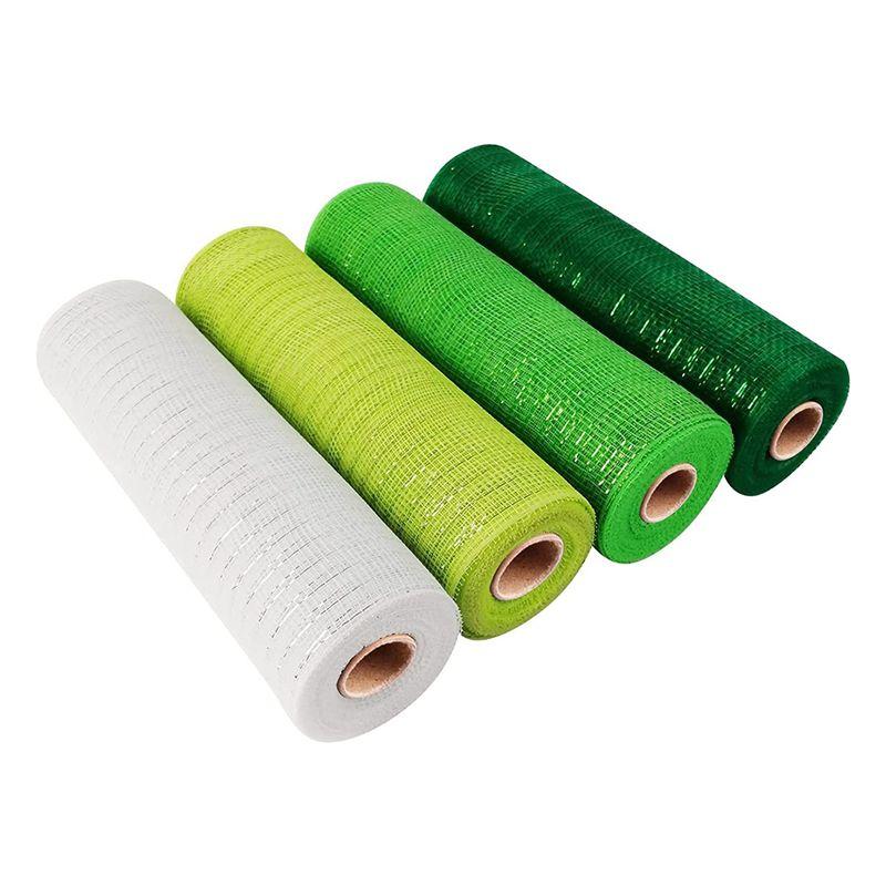 A84X-8 Roll St. Patrick s Day Poly Mesh Ribbon, Green White Wired Edge Ribbon 10 Inch X 30 Feet Poly Deco Mesh Ribbon