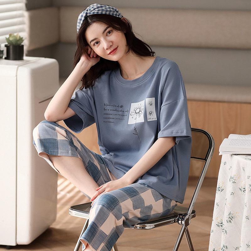Women's Summer Korean Cartoon Pajama Set - Short-Sleeved Top with Seven-Point Pants
