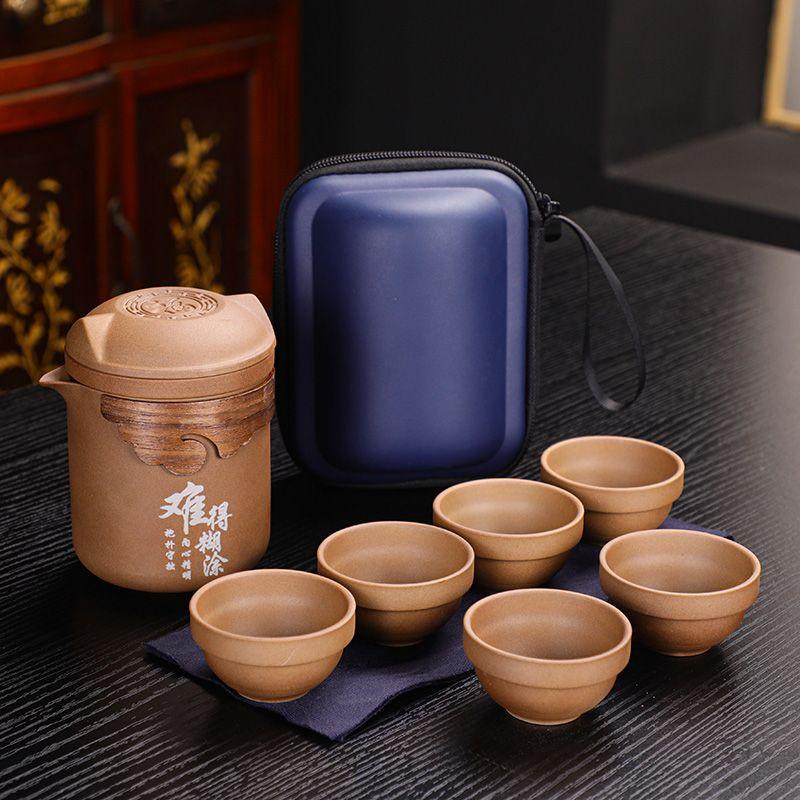 Ceramic Travel Kung Fu Tea Set Portable Travel Cup Outdoor Camping Tea Pot Tea Cup One Pot Six Cups