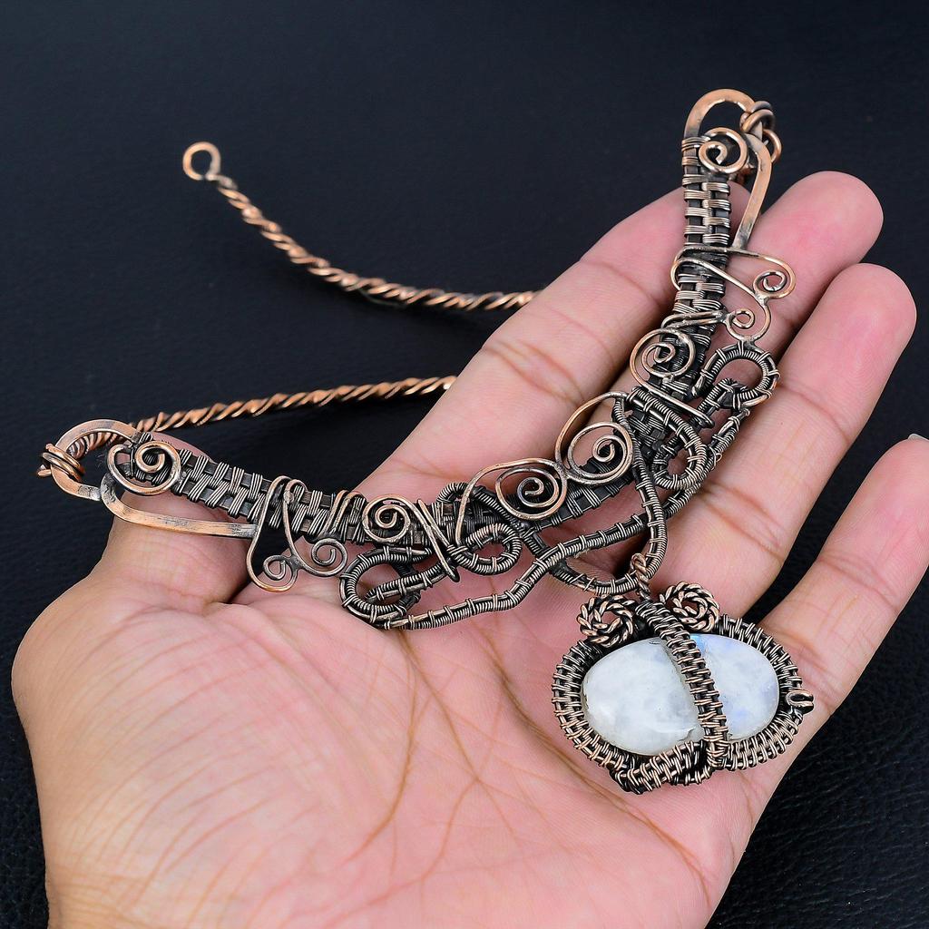 Rainbow Moonstone Necklace Gemstone Jewelry, 999 Copper Wire Wrapped Necklace, Adjustable Handmade Beautiful Jewelry Chain Necklace