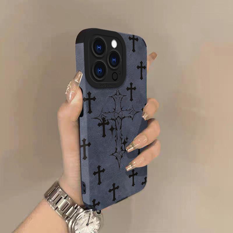 Black Cross Lambskin Leather Phone Case For iPhone 17 Pro Max Air 16 16e 15 14 13 12 11 Pro Max Plus X XS MAX XR Back Cover