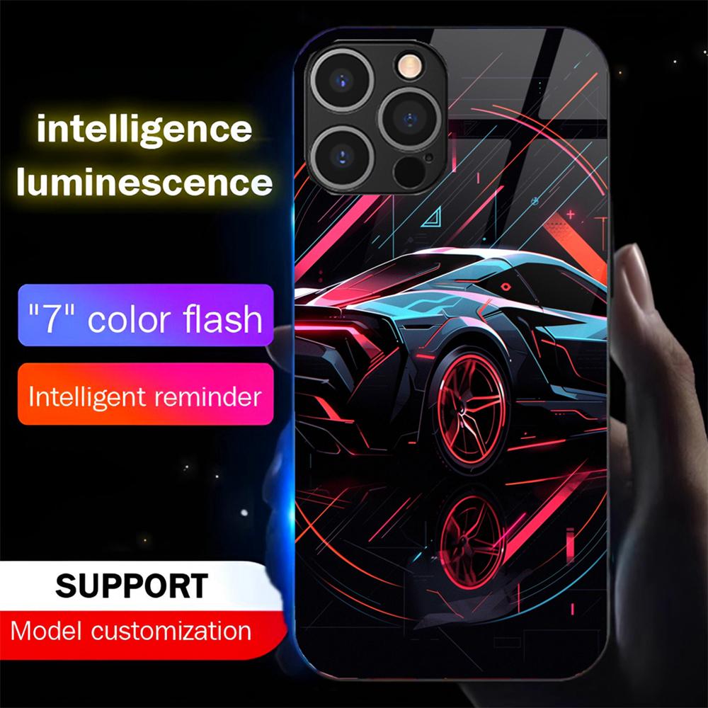 Luxury Supercar Design Smart LED Light Glow Tempered Glass Phone Case For IPhone Samsung