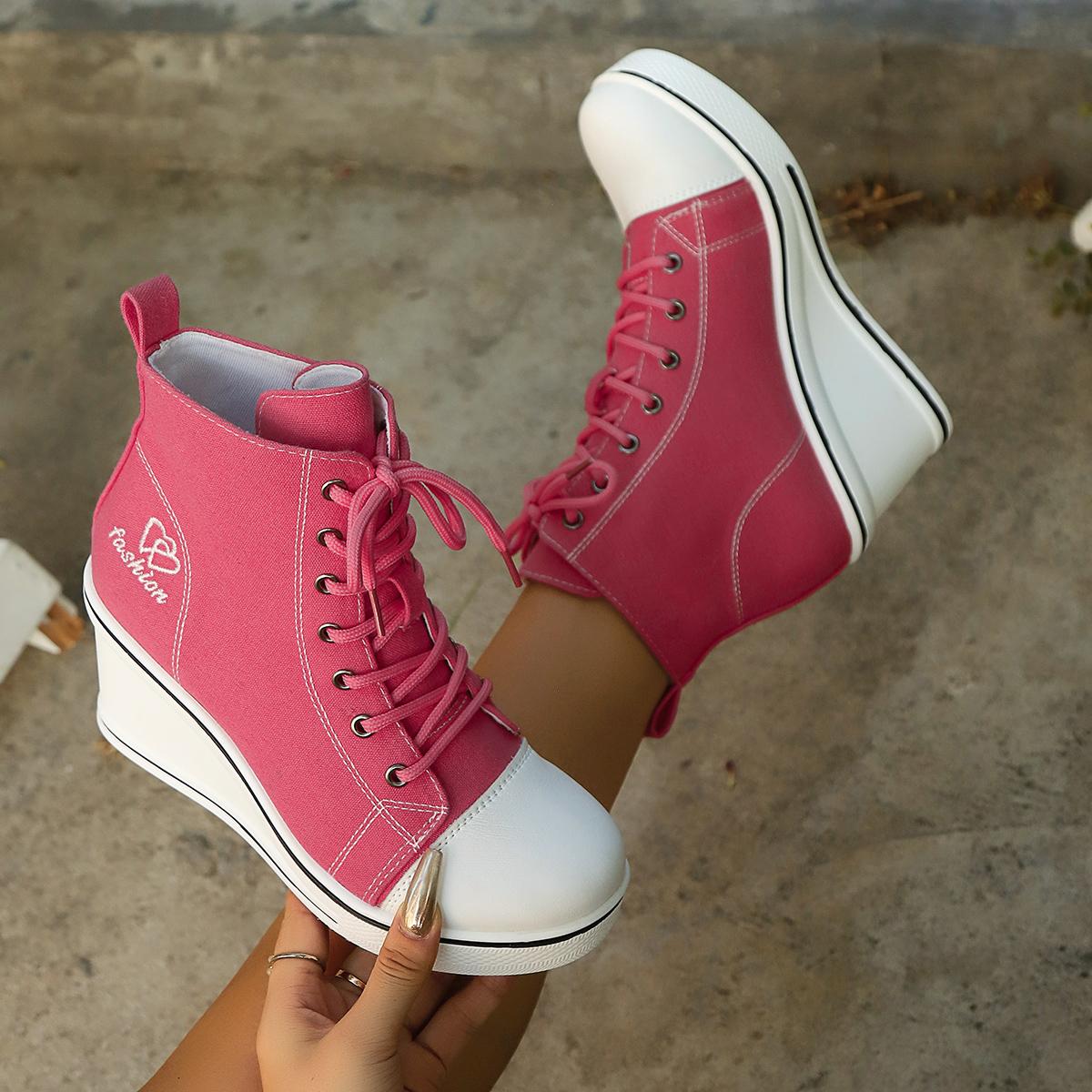 

Модные женские кроссовки 2025 Новые платформенные уличные парусиновые туфли Женские кроссовки на шнуровке с высокой дышащей танкеткой Zapatos De Mujer 35