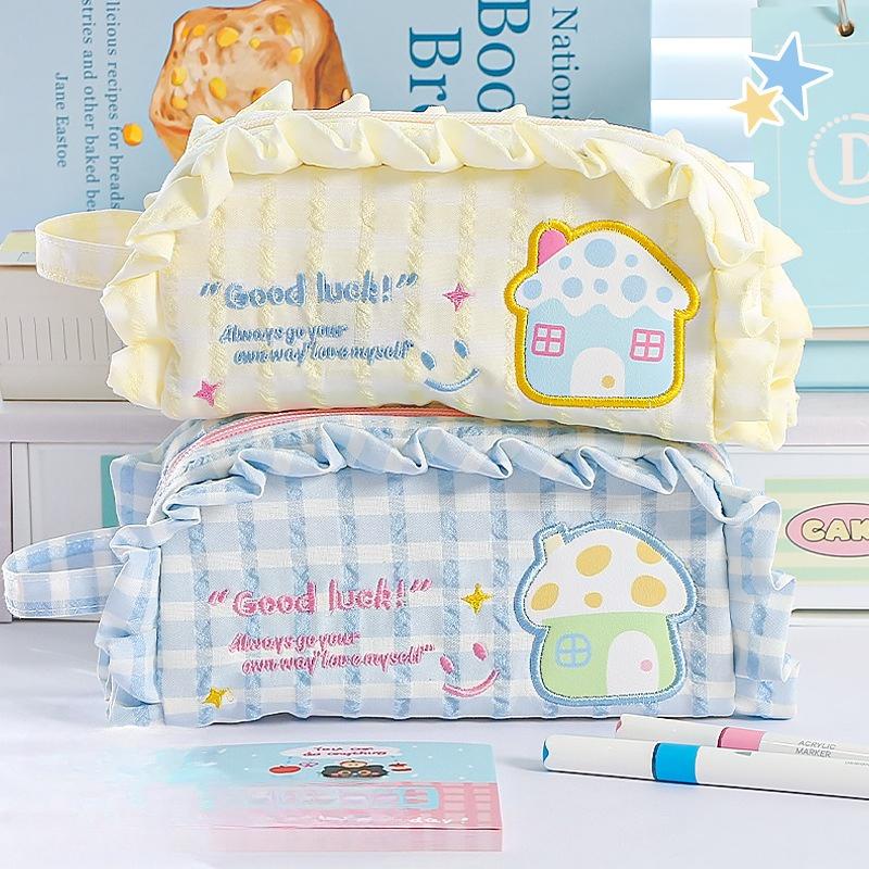 Cute Embroidery Pencil Case, Capable of Holding 45 Pens, with Built-in Two-layer Compartments for Portable Handheld Design