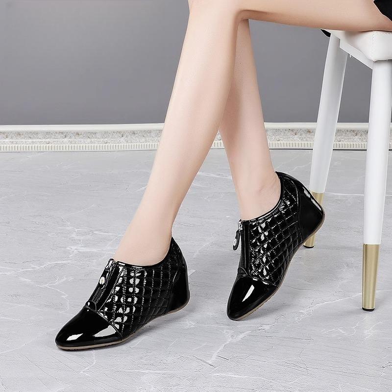 Inner Height Increase Small Leather Shoes Versatile Fashion Patent Leather Soft Surface Wedge Heel Single Shoes Versatile Round Head Comfortable Shoes
