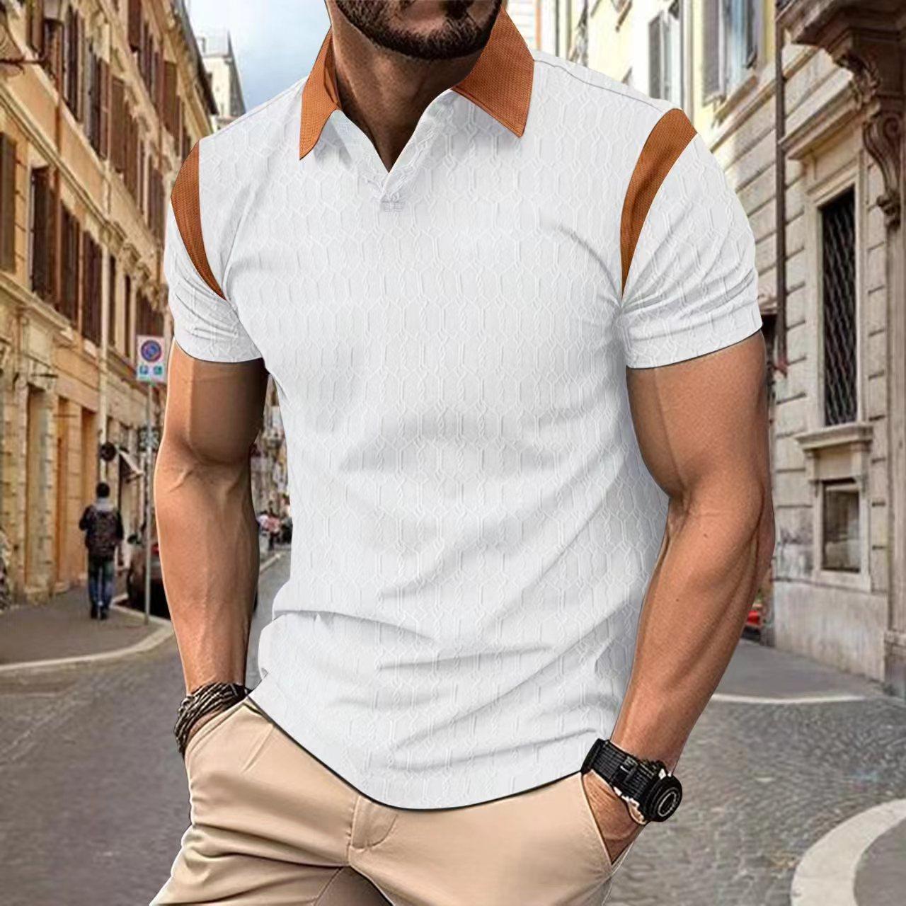 

Summer New Men s POLO Shirt Waffle Jacquard Solid Colour Short-sleeved T-shirt Tops S білий