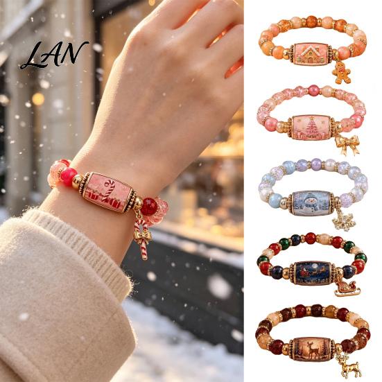 Metal Pendant Bracelets Christmas Story Beaded Bracelet, Bracelet with Santa Reindeer Snowman House Candy Women Cane Tree Pattern, Elastic Colorful