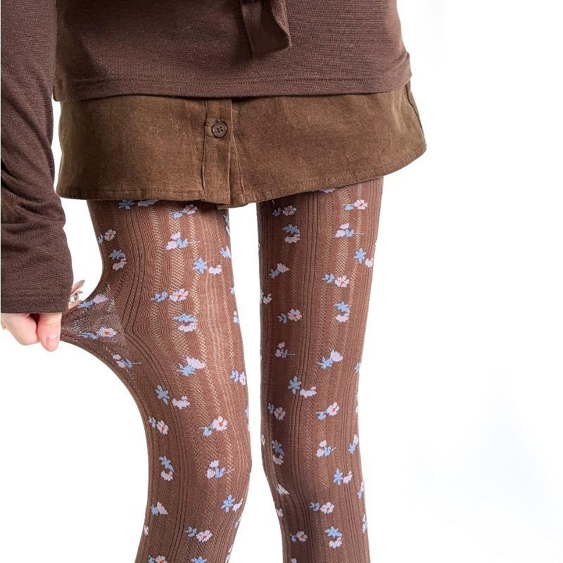 Collants imprimés floraux pour femmes, Collants en coton tricoté doux, Leggings à motifs vintage doux, Chaussettes opaques élastiques confortables pour un usage quotidien décontracté One Size brown