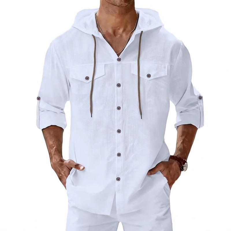 

Men s White Hooded Button Up Rol Sleeve Summer Casual Shirt S
