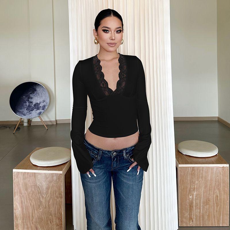 

Pure Desire Style V-neck Lace Patchwork Long Sleeves Tops 2024 Summer New Arrival Sexy Silm Slim Looking Easiest for Match Crop Top T-shirt Black S