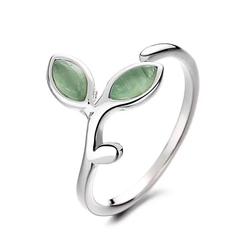 Exquisite Green Leaf Stone Pendant Necklace for Women Charm Spring Sprout Rings Bracelet Earring Bride Jewelry Set Gift