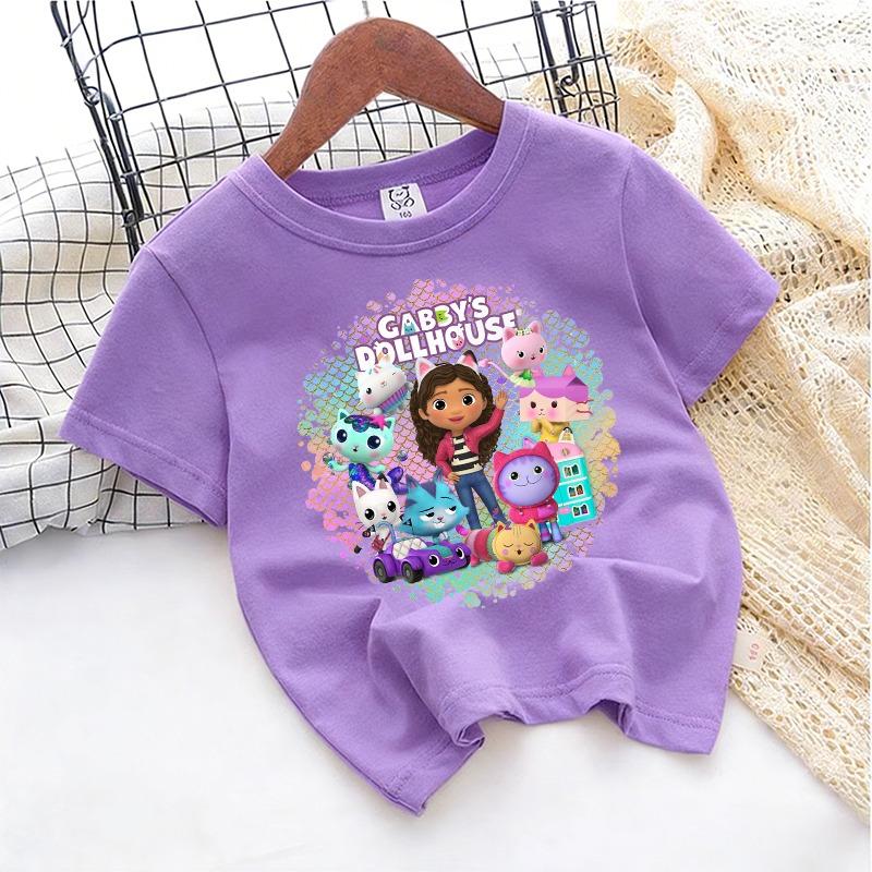 Gabbys Dollhous Child Cotton T-shirt Short Sleeve Anime Cartoon Print Girl Toddler Tees Streetwear Casual Kids Cute Clothes Tops