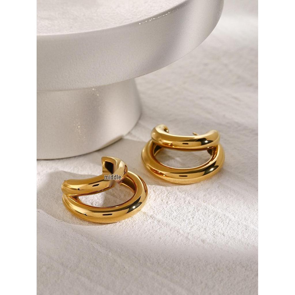 18K Vergoldete Edelstahl Doppel-Lagen C-förmige Titan-Ohrringe - Einzigartiges, hochwertiges Design für Frauen