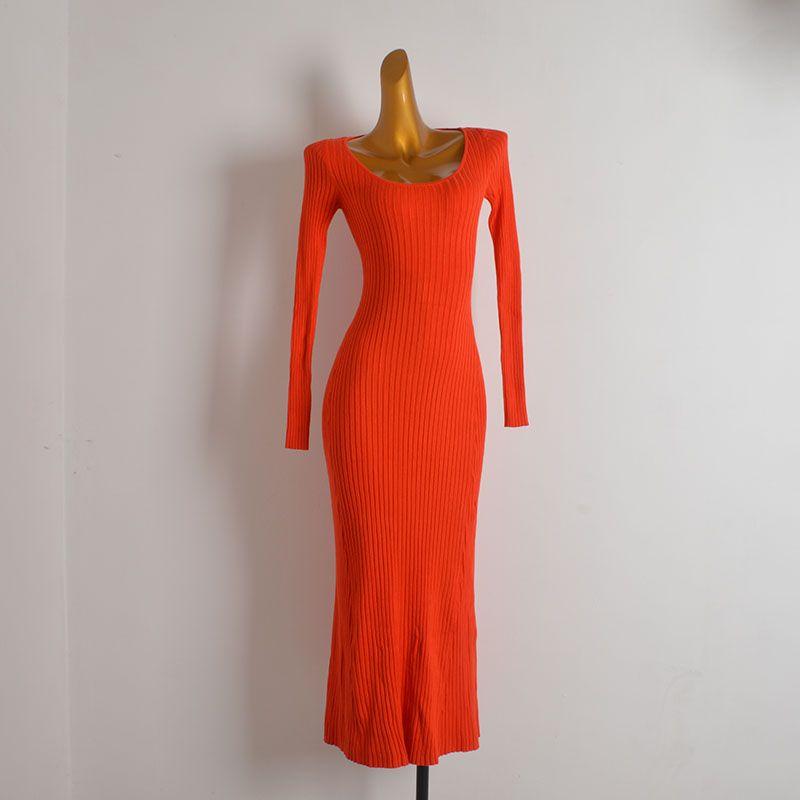 

Export Single Fashion Style Sexy round Neck Sunken Stripe Long Sleeves Knitting Dress Women s Clothing Spring and Autumn Slim Fit Fishtail Dress Orange Red 38