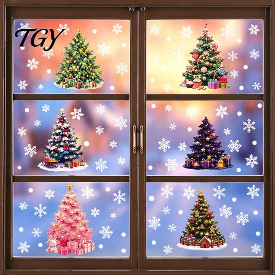 Christmas Tree Window Clings 6Pcs Colorful Snowflake Static Sticker, PVC Cling, Removable Decal Reusable Holiday Decorations for Home Decoration,
