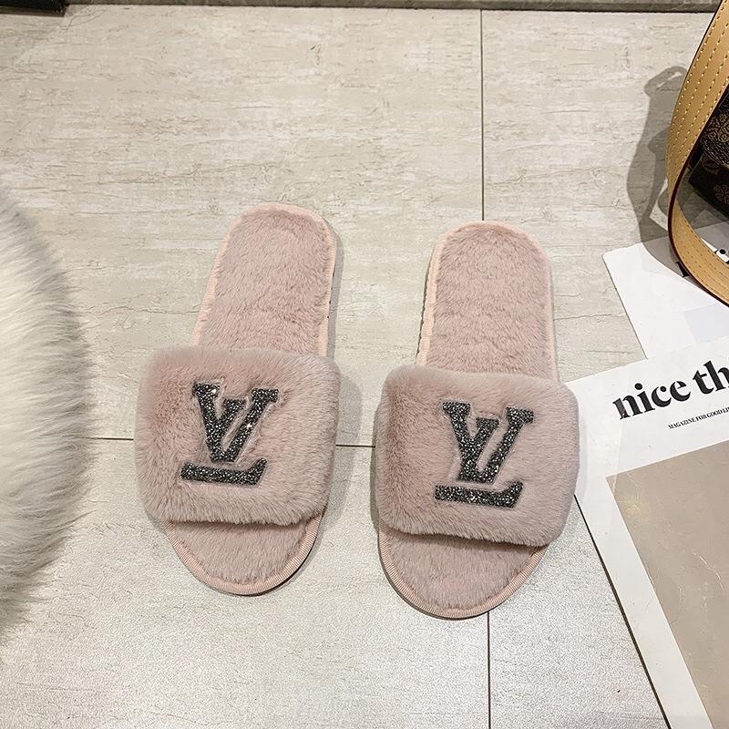 Large Size Fluffy Slippers Autumn and Winter New Home Flat Bottom Warm One-word Slippers Fashion Cotton Slippers