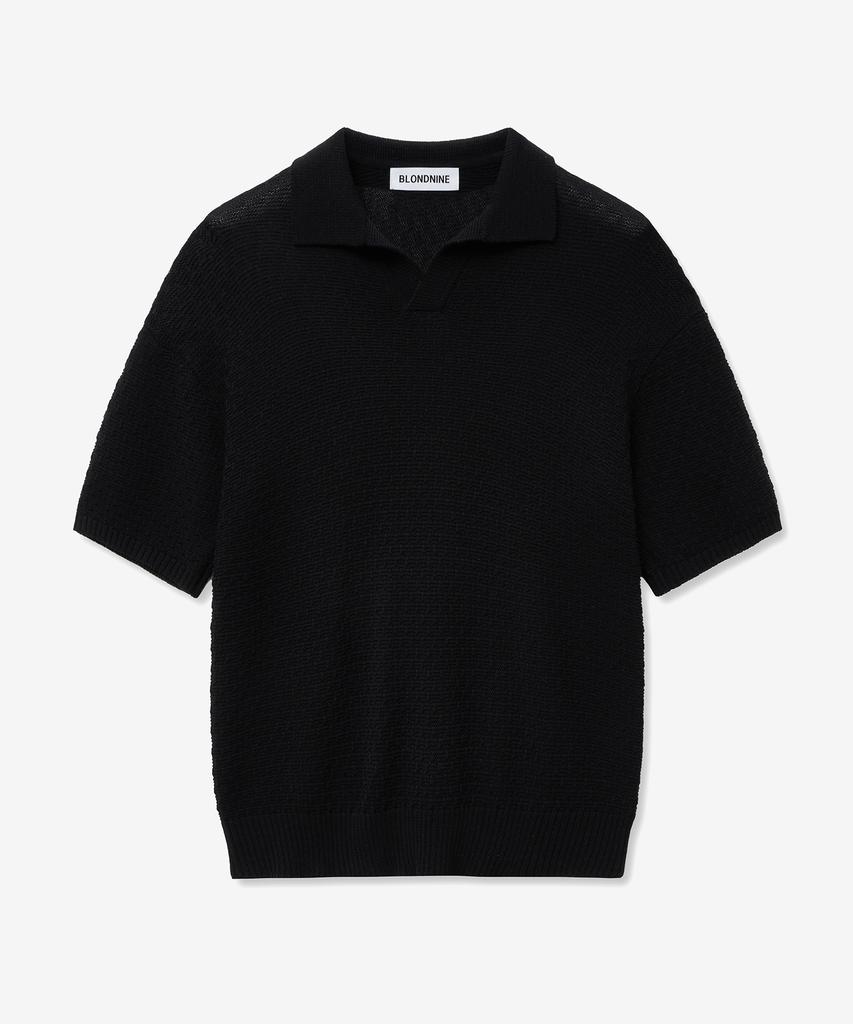 BLOND9 Soft Texture Open Collar Short Sleeve Knit_Black