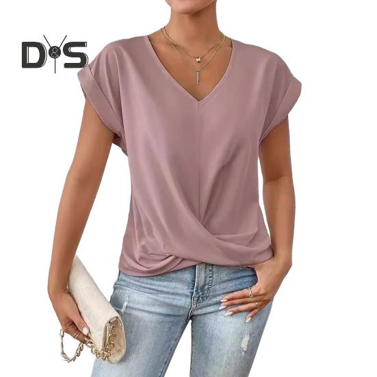 Dámské topy s výstřihem do V, s krátkým rukávem, s mačkaným designem, tričko jednobarevné, volného střihu, s křížovým plisováním, pro každodenní nošení