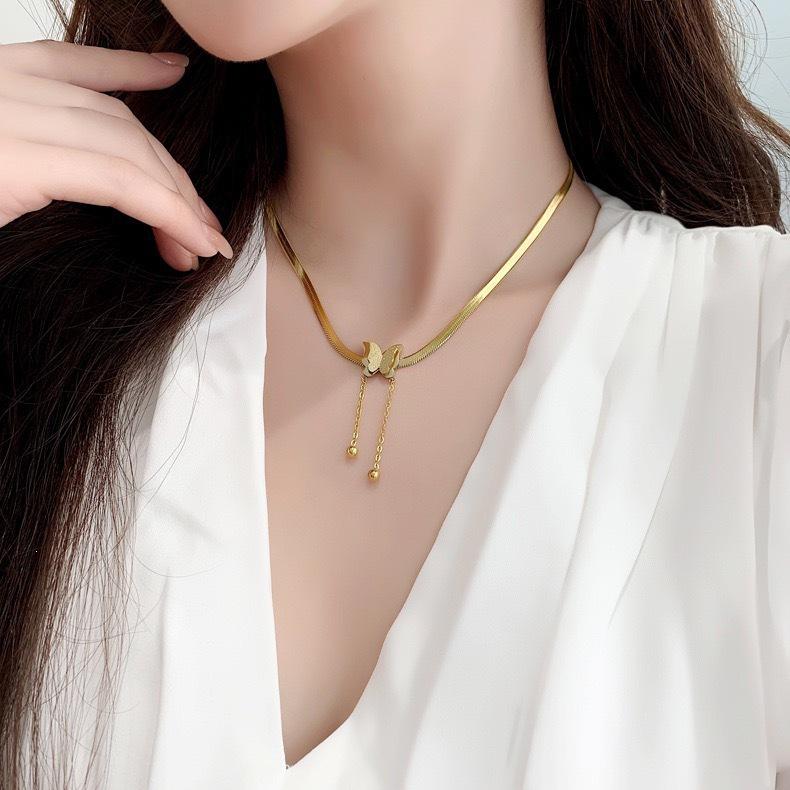 Gold Plated Butterfly Pendant Necklace with Snake Bone Chain and Tassel - Stainless Steel, Fashion Luxury for Women