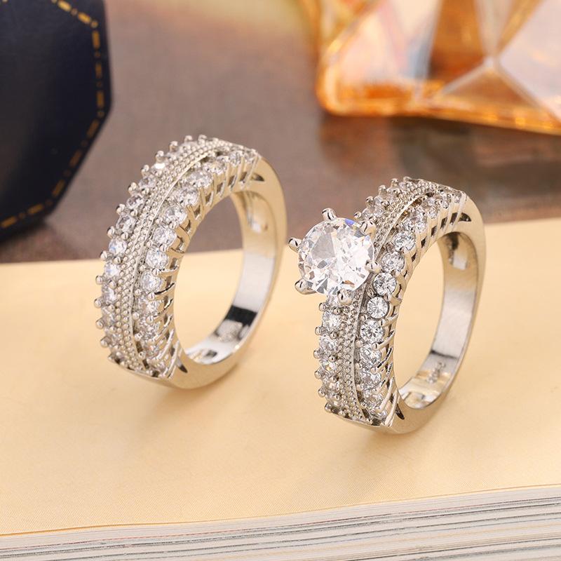New Classic Bridal Sets Ring 2 Piece Set with Sparkling Cubic Zircon Elegant Diamond Ring Wedding Party Jewelry