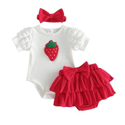 Baby Girls Shorts Set Short Sleeve Embroidery Strawberry Romper Elastic Waist Shorts with Hairband Summer Outfit
