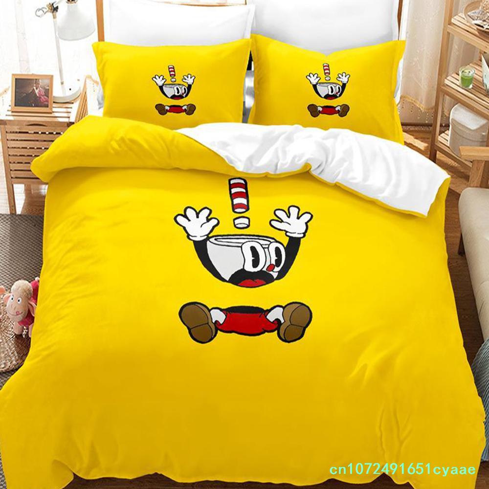 2023 Kawaii Cuphead Mugman Bettwäsche-Set Einzelbett Doppelbett Vollgröße Queen Size King Size Bettwäsche-Sets für Erwachsene Kinder Schlafzimmer Bettbezüge Anime Spiel Bett