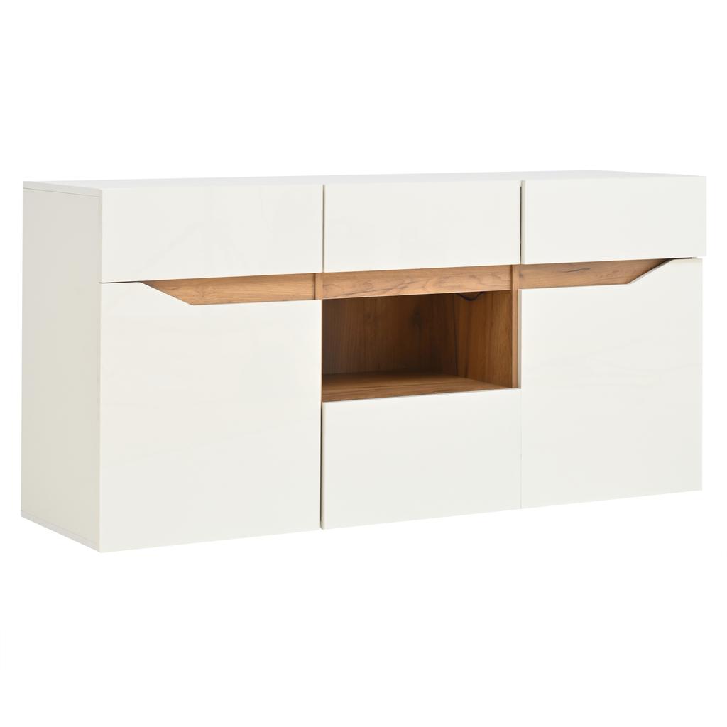 140*40*70cm Wohnzimmer Sideboard mit 4 Schubladen, Schrank mit zwei Fächern, Hochglanz Sofa Beistellschrank mit LED-Beleuchtung, Weiß + Holzfarbe