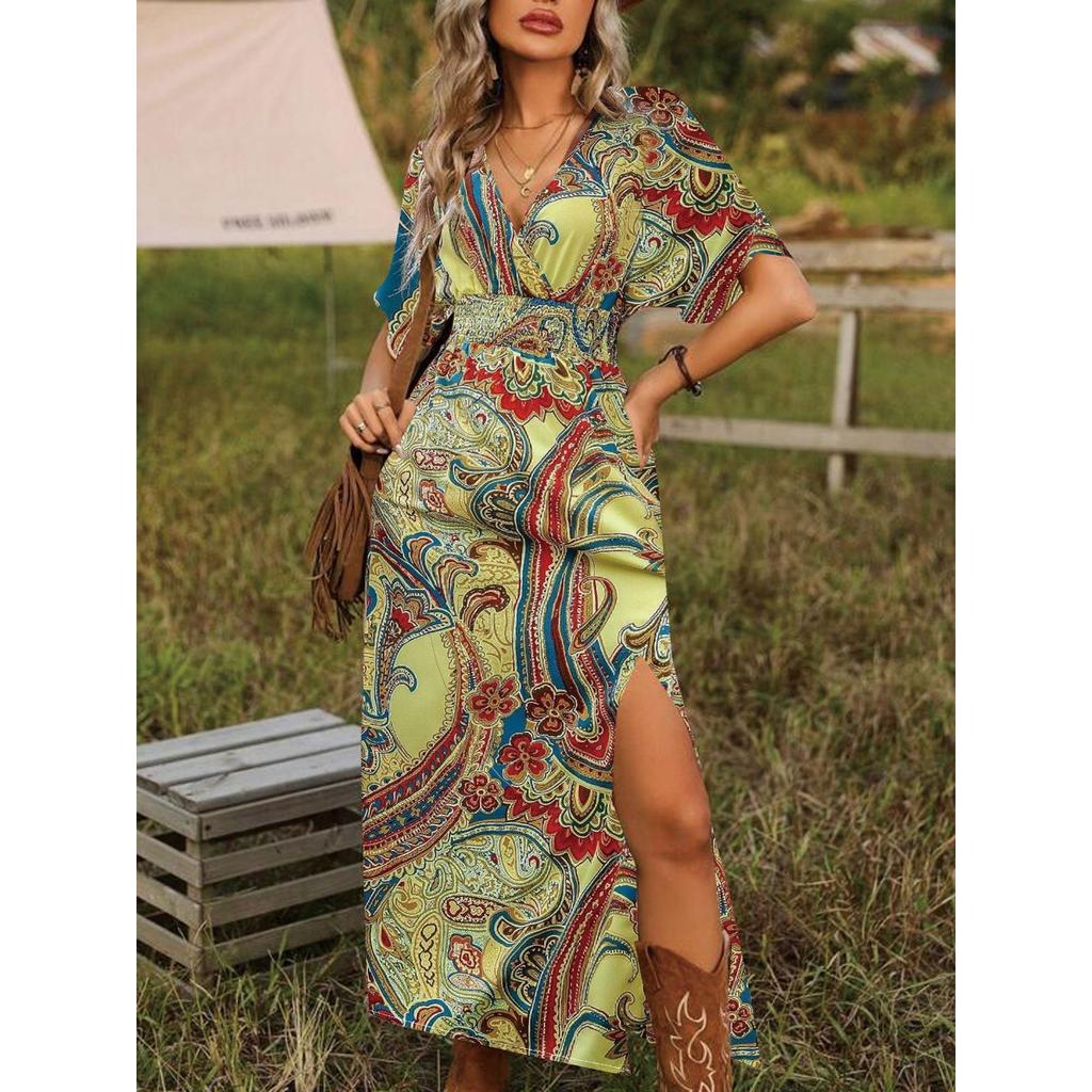 Böhmisches Print V-Ausschnitt Lockeres Midi-Kleid mit Schlitz, Neues Mode-Herbstkleid für Damen, Lässiger Europäisch-Amerikanischer Stil für den grenzüberschreitenden Handel