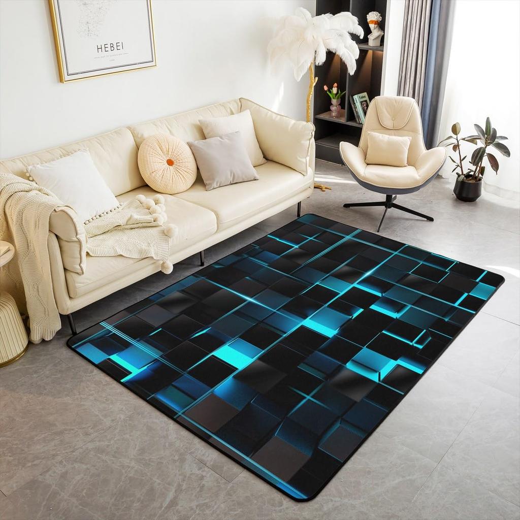 Erosebridal Teen Boy Geometric Rug 3x5 Black Navy Royal Blue Kids Area Rug,Neon Abstract Stereoscopic Check Grid Carpet Square Plaid Decorat