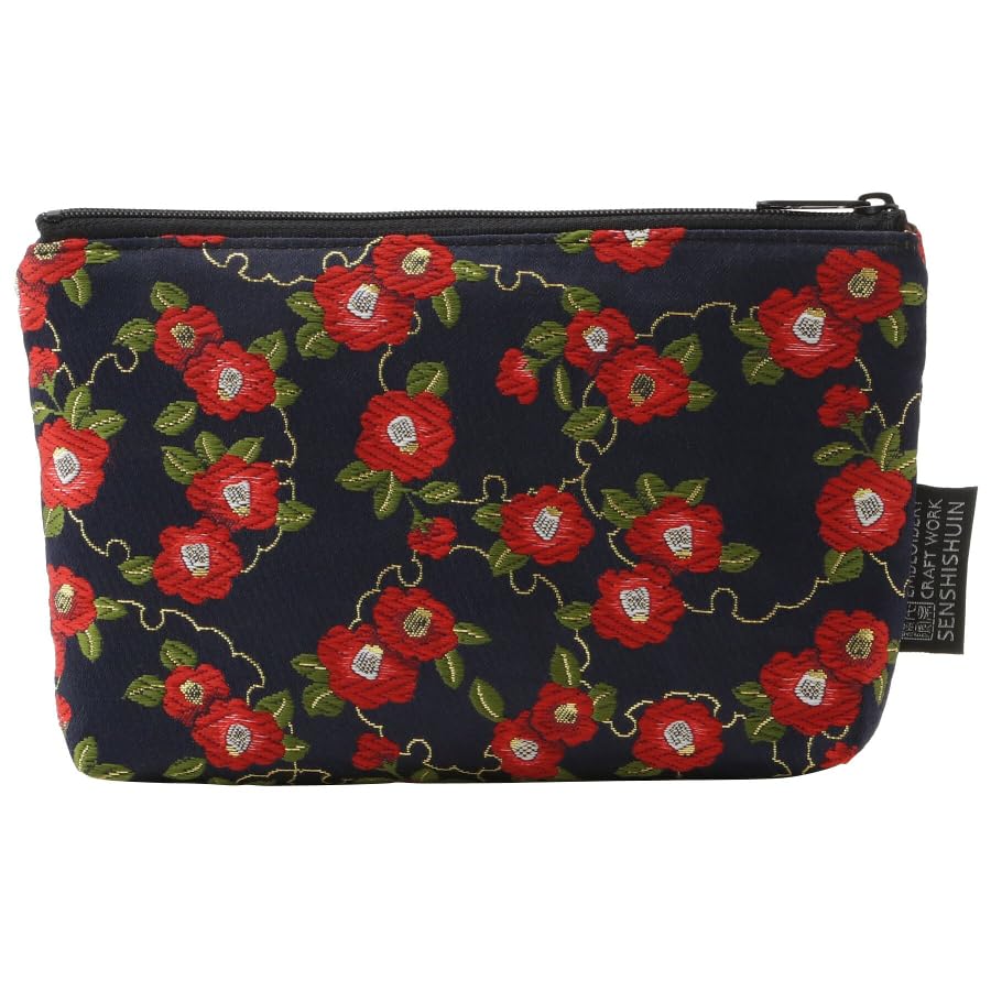Senshishuin Nishijin Brocade PouchShrine Stamp Book Case (Lined) Navy Blue Snow-Wrapped Camellia (Small)