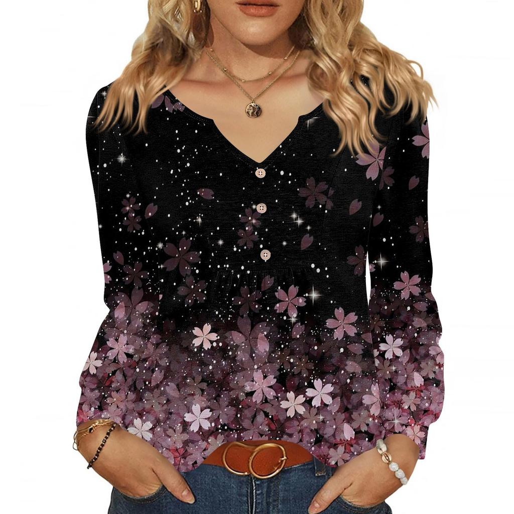 Women's Fashionable Casual V-neck Blouse Button Long-sleeved Pullover T-shirt Top