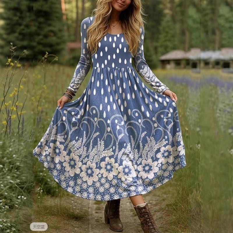 Retro Print Large Maxi Dress Women's Fashion Elegant Office Women's Long Dresses Spring Autumn Casual Long-sleeve Slim Vestidos